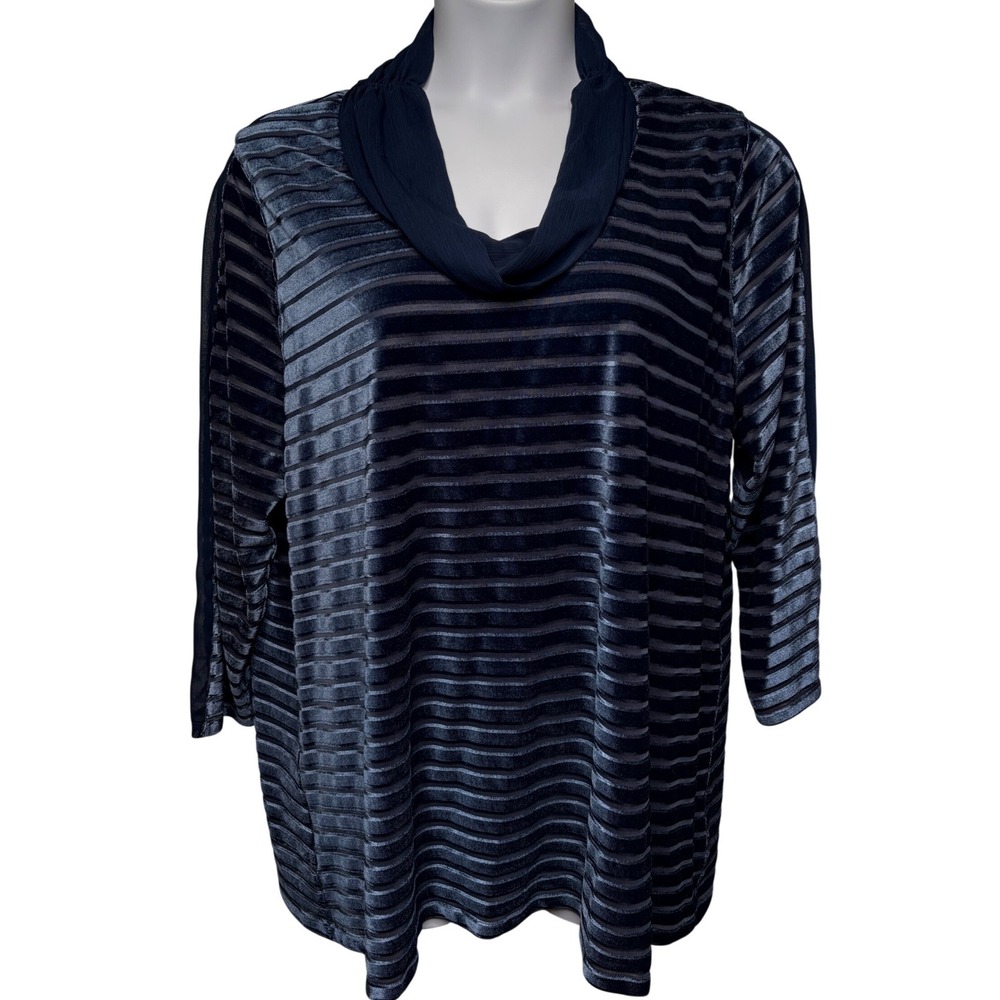 SOFT SURROUNDINGS Womens Blue Striped Velvet Cowl Neck Top 1X Sheer Elegant Chic